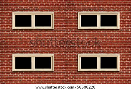 Four window frames on a brick wall building with a black background in each