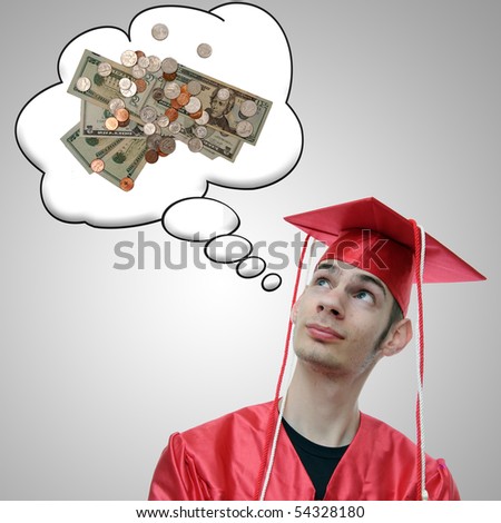 High school, university, or college graduate thinks about the debt he has and the money he will soon obtain now that he has a degree.