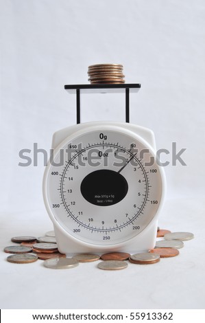 A bunch of coins and change on a weighing scale.