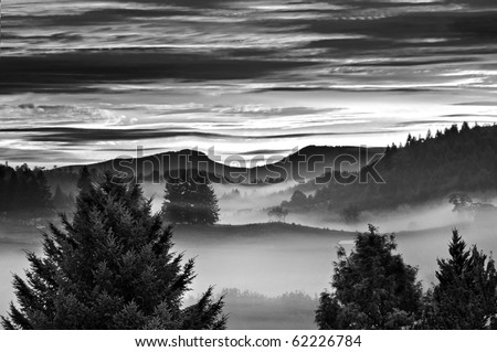 A beautiful sun rise or sunset with a red and purple cloudy sky with foggy mist around the mountains and trees in a beautiful and peaceful rural country scene.Black and white.