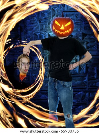 Man with a pumpkin jack-o-lantern head ripping off a head with blood dripping down, and flames circling around him.