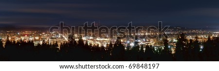 City skyline panorama taken at night in Eugene, Oregon.