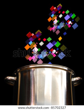 Abstract design of colorful squares boiling out of a pot isolated on black background
