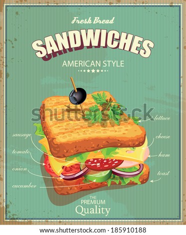 Sandwiches Vector illustration American style Vintage Ingredients label Sandwiches Vector illustration American style Vintage Ingredients label
