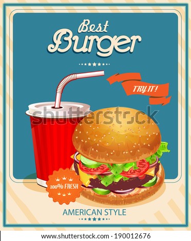 Fast Food Burger and Cola Vector illustration Poster in vintage style Fast Food Burger and Cola Vector illustration Poster in vintage style