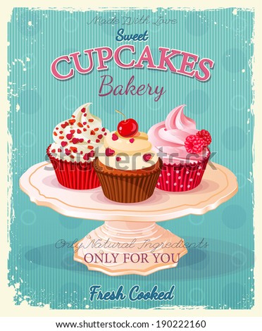 card.  Poster vintage Birthday Cupcakes. style. vintage cupcakes style in