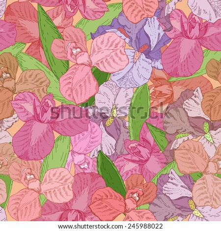 Seamless pattern with spring flowers. Iris flower. Summer floral background. Texture with flowering plants in doodle vintage style. Sketch. Hipster blossom design.