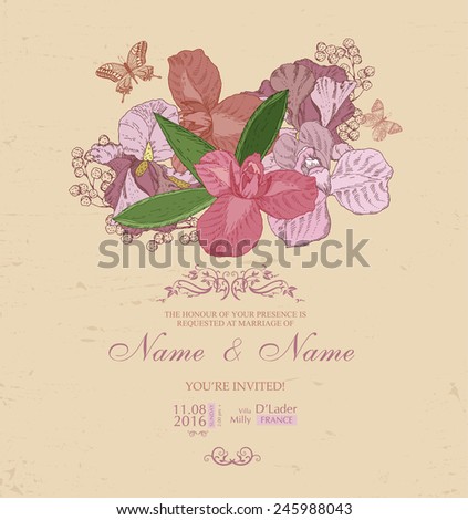 Wedding invitation with flowers. Spring iris flower, mimosa blossom, butterfly. Floral background in vintage style.