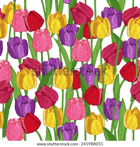 Seamless pattern with spring flowers. Tulips. Summer floral background. Texture with flowering plants in doodle vintage style. Sketch. Hipster blossom design.