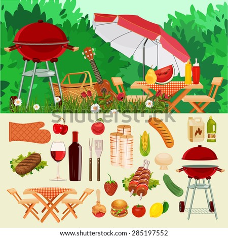 Summer picnic in meadow with flowers: umbrella, guitar, basket with food, fruits, barbecue.