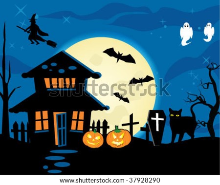 Halloween night theme dark house full moon and witch.
