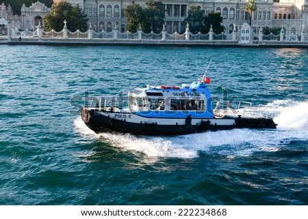 ISTANBUL, TURKEY - AUGUST 2014: Police water guard patrolling Golden Horn. Golden Horn is the famous popular attraction in Istanbul.