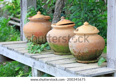 Water jars of the ancient Thai temple in Thailand.
