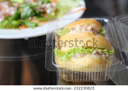 Homemade tuna salad sandwiches in plastic box.