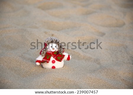 Snowman in winter hat on the tropical beach.