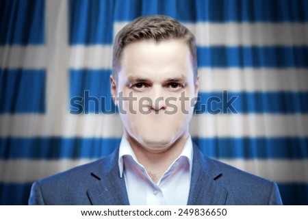 Symbol of censorship and freedom of speech: a young man without a mouth on a background of the national flag of Greece