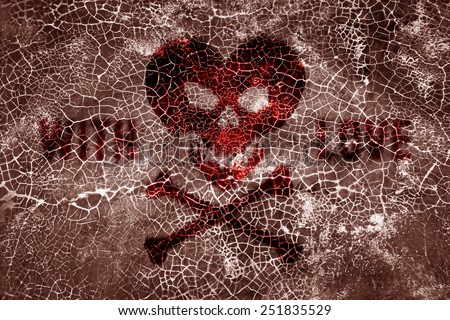 Crackled wall plaster texture, heart in the form of a skull and