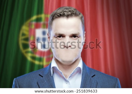Symbol of censorship and freedom of speech: a young man without a mouth on a background of the national flag of Portugal