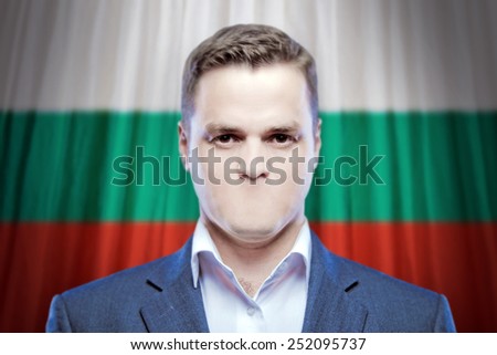 Symbol of censorship and freedom of speech: a young man without a mouth on a background of the national flag of Bulgaria