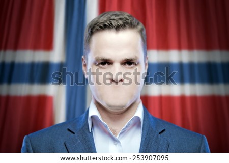 Symbol of censorship and freedom of speech: a young man without a mouth on a background of the national flag of Norway