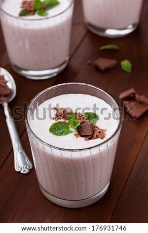 Milkshake with strawberry, chocolate and mint on a dark background