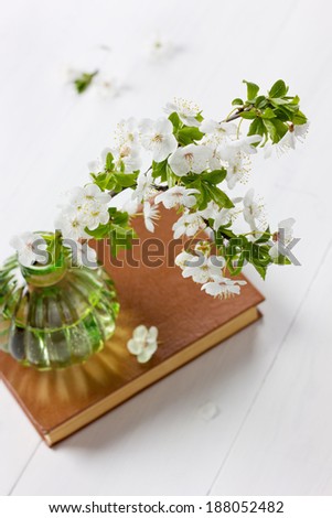 Beautiful blossom branch of cherry-tree in a glass vase with vintage book on a white background