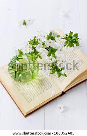 Beautiful blossom branch of cherry-tree in a glass vase with open vintage book on a white background