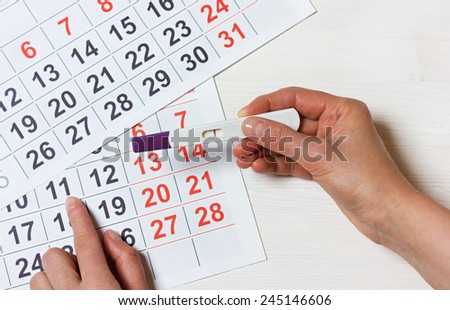 woman hands holding a negative pregnancy test on the calendar, female sterility concept