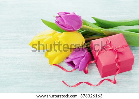 Spring flowers and gift box light table for March 8, International Womens day, Birthday or Mothers day