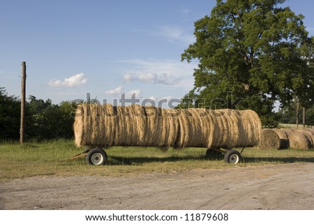 On the side of a country road sits a large trailer full of hay bails.  Photographed on a side road in Marion County South Carolina.