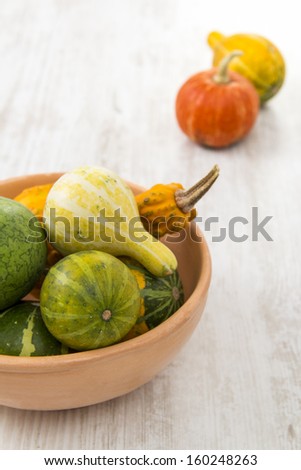 Different colors and sizes of summer and winter squashes (courgettes) in a bowl.