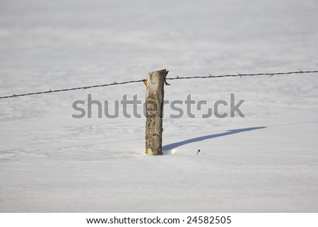 Rustic barbed ( also known as barb, bob, and bobbed) wire fence with a rough hewn fence post buried in snow in Northern Minnesota