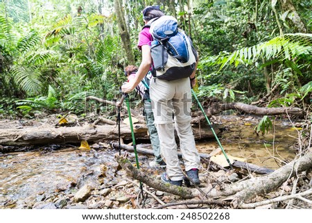 Two people crossing river while hiking in a tropical forest