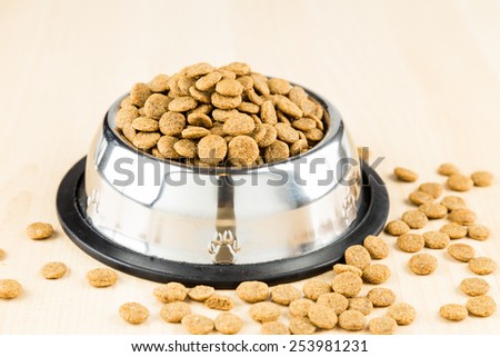 Dog Kibbles in a bowl with spill overs on wooden floor