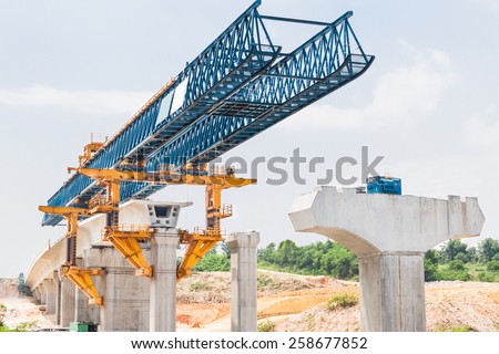 Construction of a mass transit train line in progress with heavy infrastructure. This photo shows the progress in joining the various blocks/modules of the line with heavy equipment.