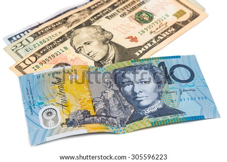 Close up of Australian Dollar currency note against US Dollar.