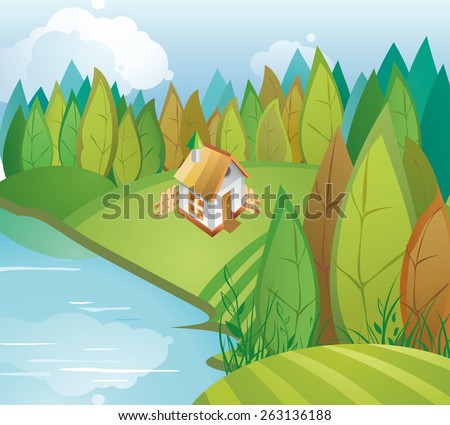 Vector illustration of the rural landscape in autumn with country house on the riverbank.