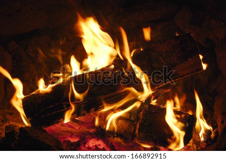 Campfire flames over burning logs
