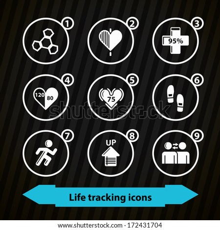 Icons with health(life) tracking. Health symbols. Dark set