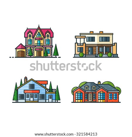 Residential houses icons in trending minimal flat style with lines. Modern house and gothic house, North American cottage and renaissance house. Trees separated. Set 2