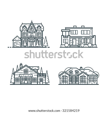 Residential houses icons in minimal thin line style. Modern house and gothic house, North american cottage and renaissance house. Set 2