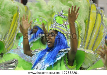 RIO DE JANEIRO, BRAZIL -MARCH 3, 2014: Rio Samba School MANGEIRA perform at Sambodromo runway for the Carnival Samba Parade competition.