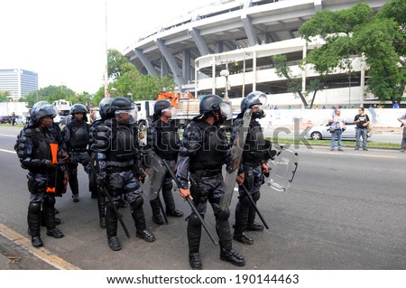 Rio de Janeiro, Brazil, March 23, 2013 - Demonstration against the World Cup in Brazil. Population rebels against the removal of Indians camped in the Indian Museum. side of the stadium MaracanÃ?ÃÂ£