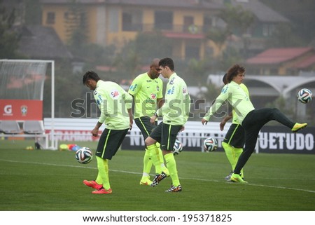 TERESOPOLIS, BRAZIL - May 28, 2014: The Brazil national football team practicing at Granja Comary training center in preparation for the 2014 World Cup soccer tournament that starts in June.