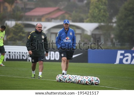 TERESOPOLIS, BRAZIL - May 28 , 2014: Coach Scolari ,during Brazil national football team practicing at Granja Comary training center in preparation for the 2014 World Cup soccer tournament that starts in June.