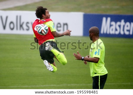 TERESOPOLIS, BRAZIL - May 29 , 2014: The Brazil national football team practicing at  Comary training center in preparation for the 2014 World Cup soccer tournament that starts in June.