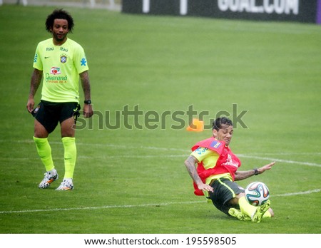 TERESOPOLIS, BRAZIL - May 29 , 2014: The Brazil national football team practicing at  Comary training center in preparation for the 2014 World Cup soccer tournament that starts in June.