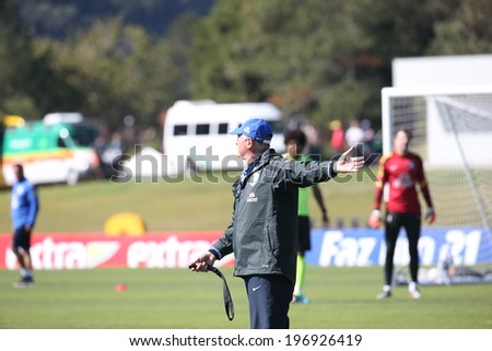 TERESOPOLIS, BRAZIL - May 05 , 2014: The Brazil national football team practicing at Granja Comary training center in preparation for the 2014 World Cup soccer tournament that starts in June.