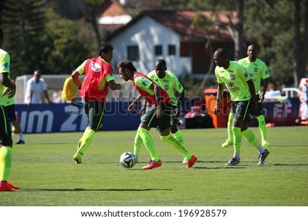 TERESOPOLIS, BRAZIL - May 05, 2014: The Brazil national football team practicing at Granja Comary training center in preparation for the 2014 World Cup soccer tournament that starts in June