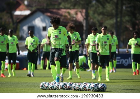 TERESOPOLIS, BRAZIL - May 5 , 2014: The Brazil national football team practicing at Granja Comary training center in preparation for the 2014 World Cup soccer tournament that starts in June.